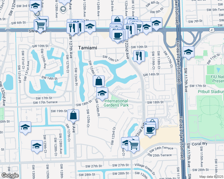 map of restaurants, bars, coffee shops, grocery stores, and more near 12375 Southwest 18th Street in Miami