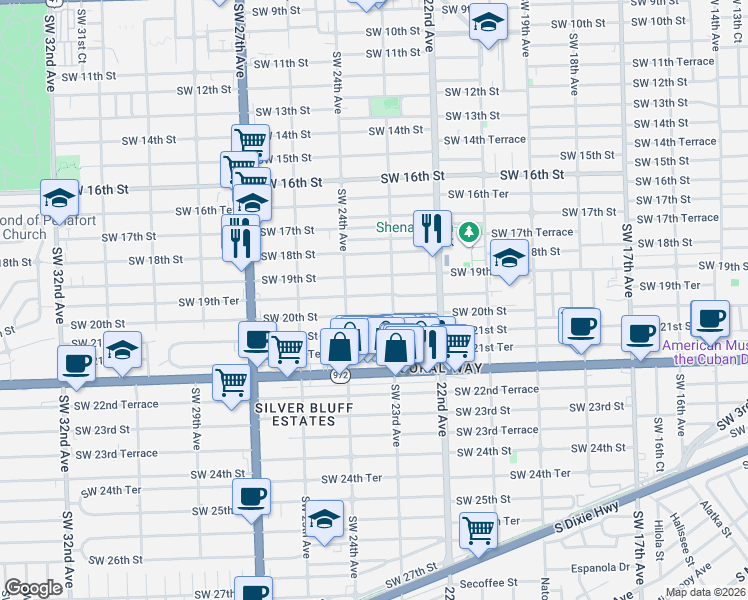 map of restaurants, bars, coffee shops, grocery stores, and more near 2355 Southwest 19th Terrace in Miami