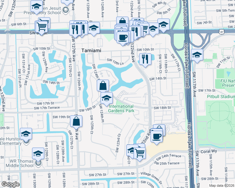 map of restaurants, bars, coffee shops, grocery stores, and more near 12345 Southwest 18th Street in Miami
