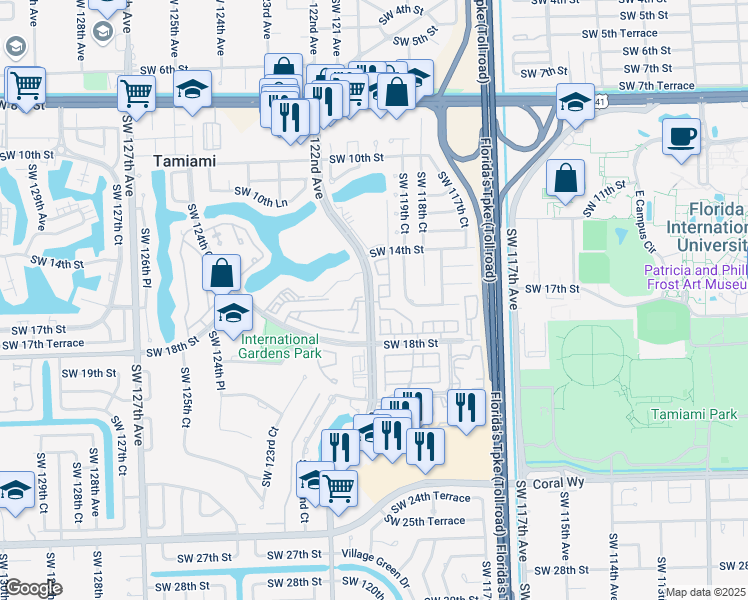 map of restaurants, bars, coffee shops, grocery stores, and more near 12217 Southwest 16th Terrace in Miami