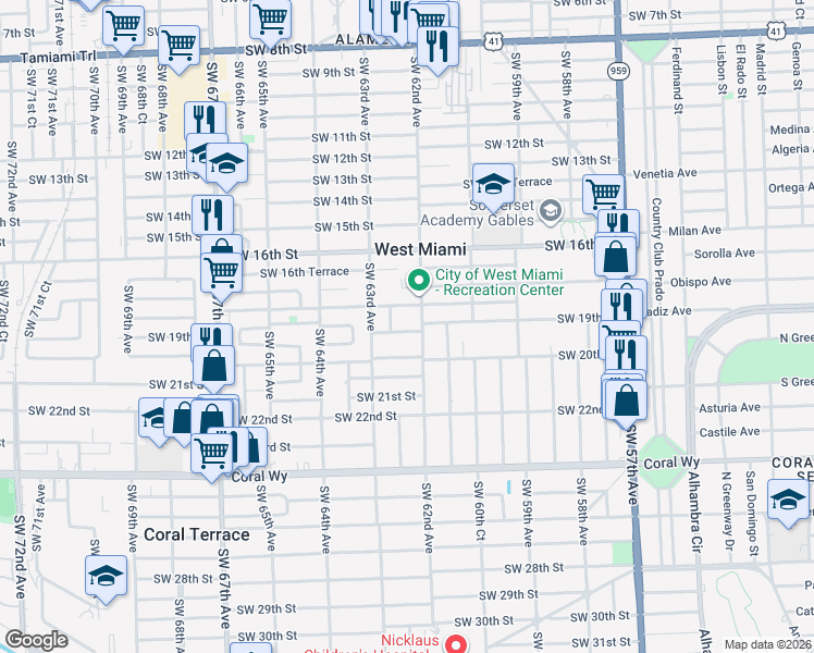 map of restaurants, bars, coffee shops, grocery stores, and more near 1821 Southwest 62nd Place in Miami