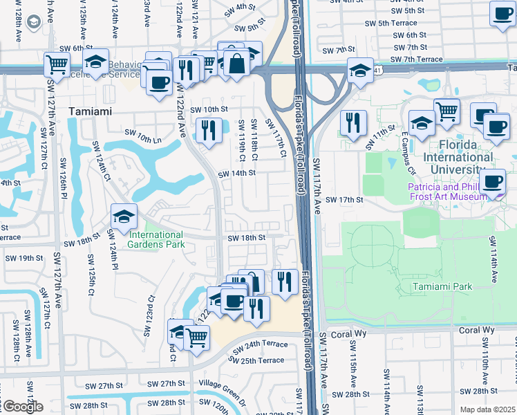 map of restaurants, bars, coffee shops, grocery stores, and more near 11821 Southwest 16th Street in Miami