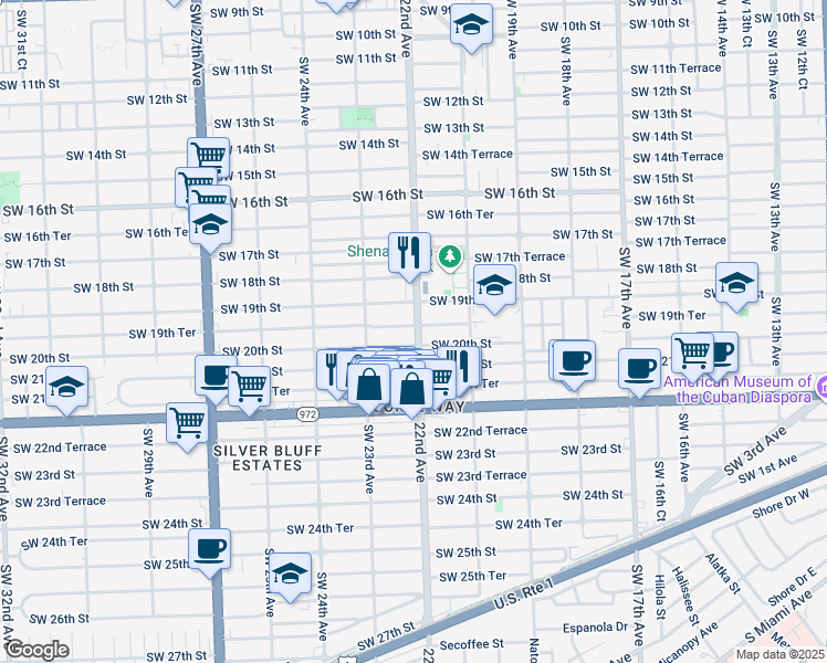 map of restaurants, bars, coffee shops, grocery stores, and more near 2200 Southwest 19th Terrace in Miami