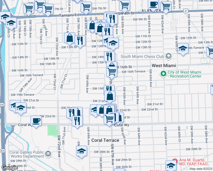 map of restaurants, bars, coffee shops, grocery stores, and more near 1800 Ludlam Road in Miami