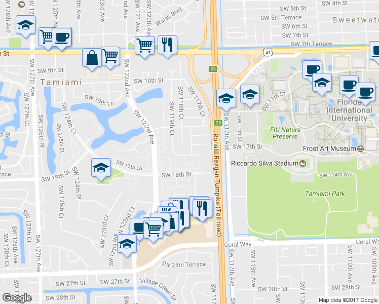 map of restaurants, bars, coffee shops, grocery stores, and more near 11801 Southwest 16th Street in Miami
