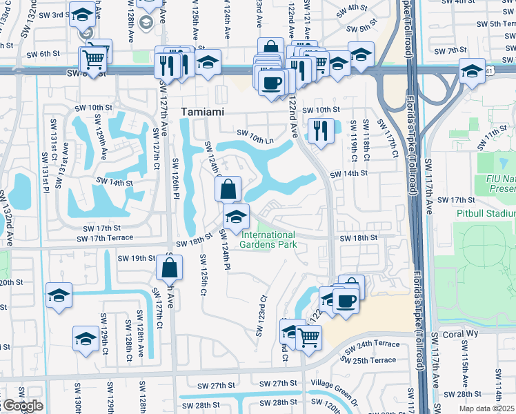map of restaurants, bars, coffee shops, grocery stores, and more near 12375 Southwest 18th Street in Miami