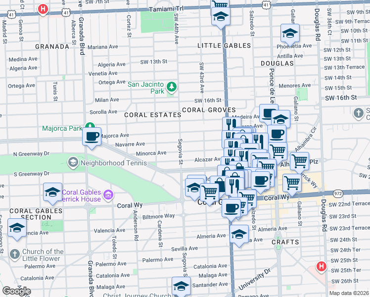 map of restaurants, bars, coffee shops, grocery stores, and more near 541 Minorca Avenue in Coral Gables