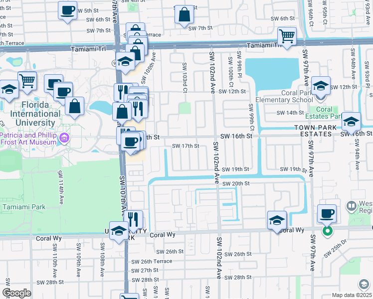map of restaurants, bars, coffee shops, grocery stores, and more near 1700 Southwest 103rd Avenue in Miami