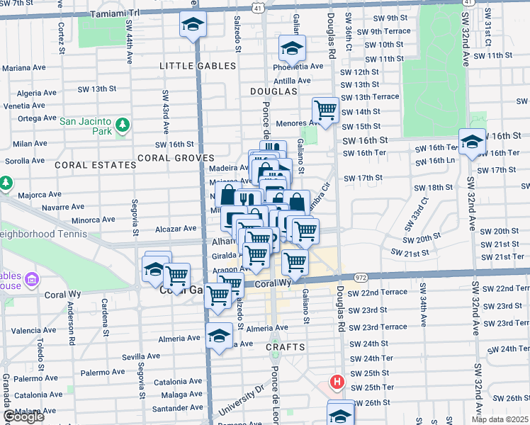 map of restaurants, bars, coffee shops, grocery stores, and more near 200 Minorca Avenue in Coral Gables