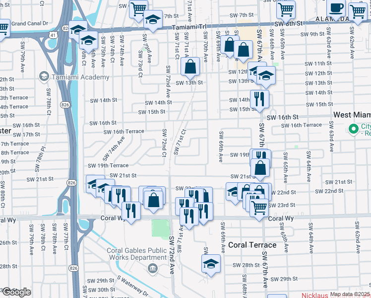 map of restaurants, bars, coffee shops, grocery stores, and more near 7140 Southwest 17th Terrace in Miami