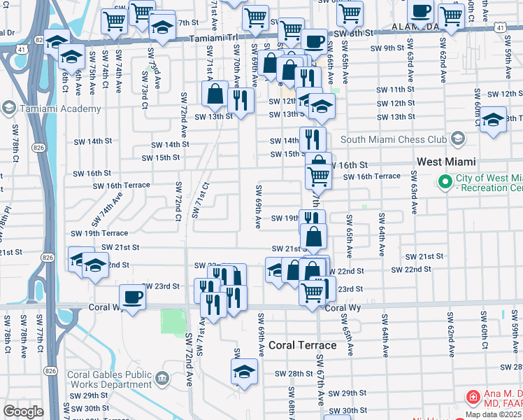 map of restaurants, bars, coffee shops, grocery stores, and more near 6890 Southwest 18th Street in Miami
