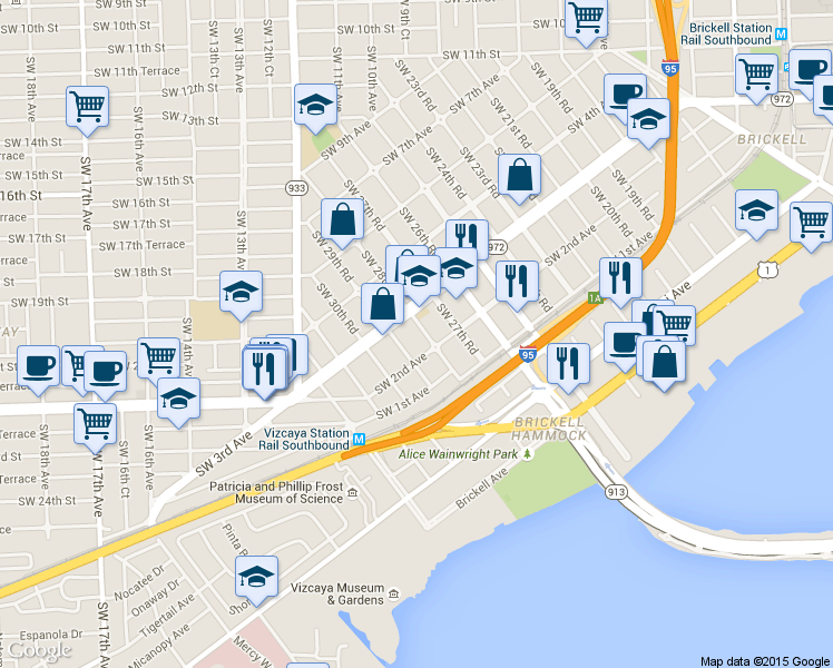 map of restaurants, bars, coffee shops, grocery stores, and more near 236 Southwest 28th Road in Miami