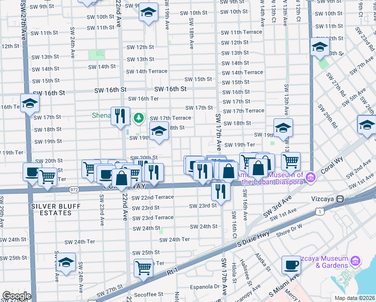 map of restaurants, bars, coffee shops, grocery stores, and more near 1951 Southwest 18th Avenue in Miami