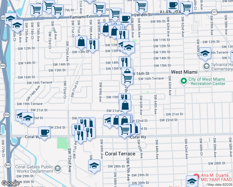 map of restaurants, bars, coffee shops, grocery stores, and more near 6790 Southwest 18th Street in Miami