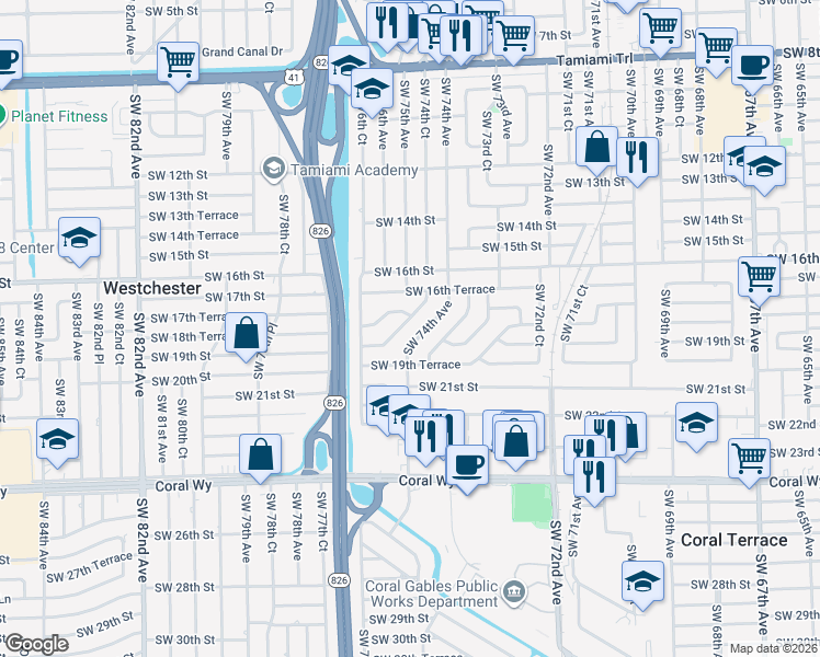 map of restaurants, bars, coffee shops, grocery stores, and more near 1820 Southwest 75th Avenue Road in Miami