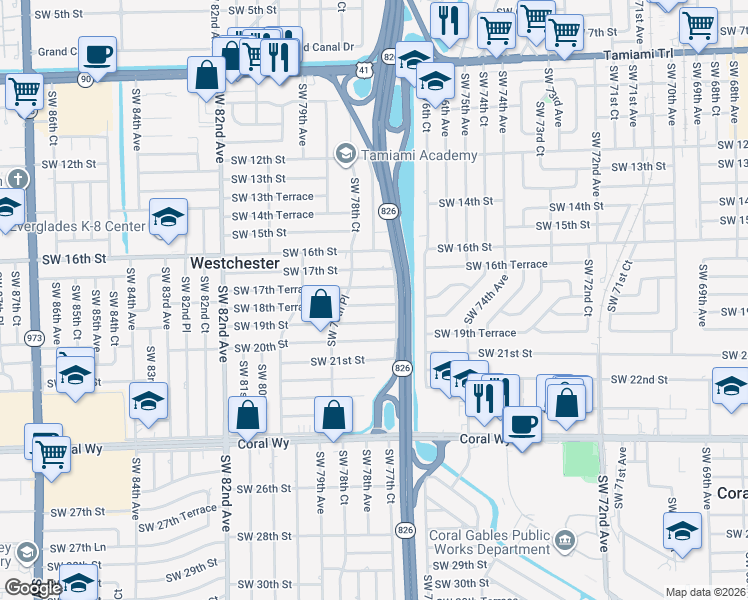 map of restaurants, bars, coffee shops, grocery stores, and more near 7761 Southwest 18th Terrace in Miami
