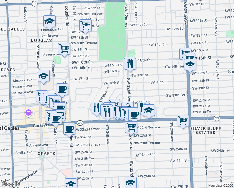 map of restaurants, bars, coffee shops, grocery stores, and more near 1921 Southwest 33rd Avenue in Miami