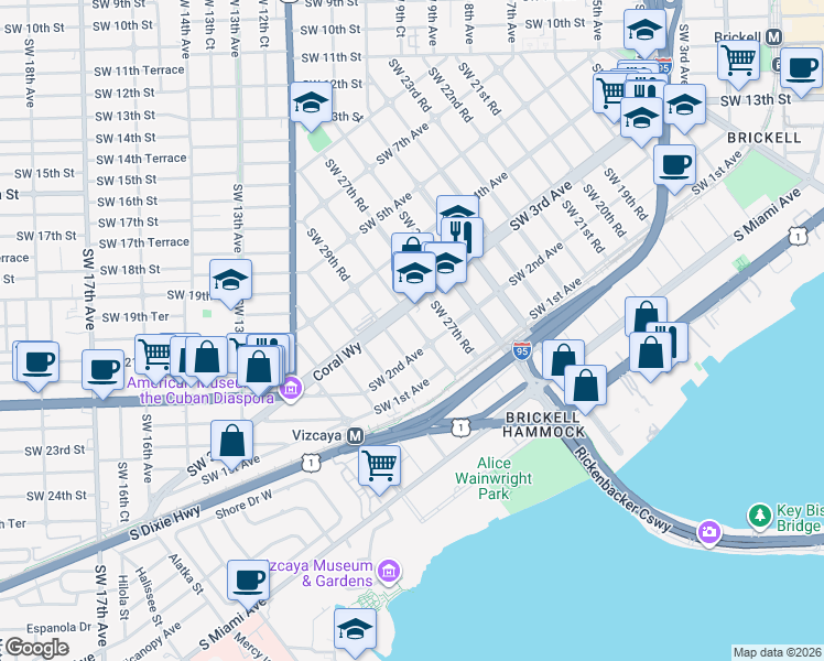 map of restaurants, bars, coffee shops, grocery stores, and more near 236 Southwest 28th Road in Miami