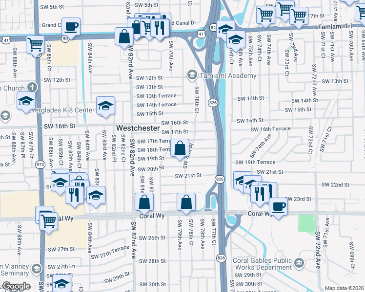 map of restaurants, bars, coffee shops, grocery stores, and more near 7845 Southwest 18th Terrace in Miami