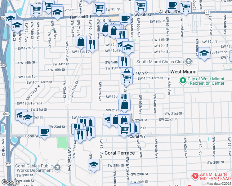 map of restaurants, bars, coffee shops, grocery stores, and more near 6790 Southwest 18th Street in Miami