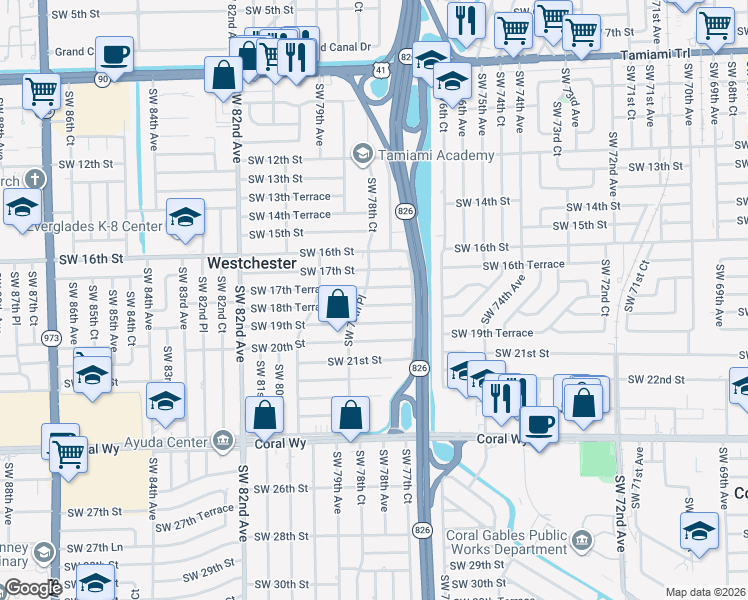 map of restaurants, bars, coffee shops, grocery stores, and more near 7761 Southwest 18th Terrace in Miami
