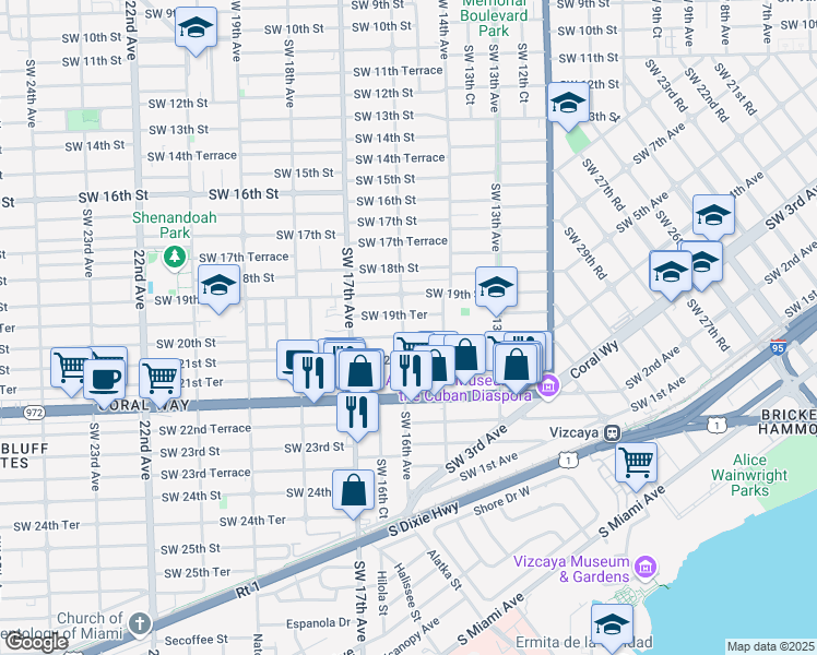 map of restaurants, bars, coffee shops, grocery stores, and more near 1959 Southwest 16th Avenue in Miami
