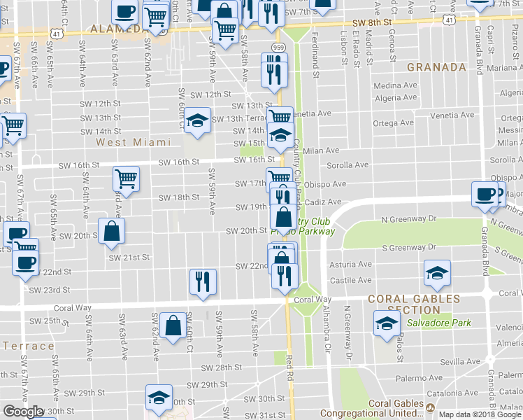 map of restaurants, bars, coffee shops, grocery stores, and more near 5750 Southwest 19th Street in Miami