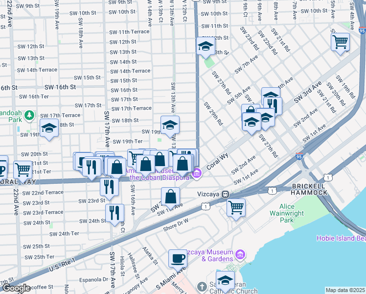 map of restaurants, bars, coffee shops, grocery stores, and more near 1257 Southwest 20th Street in Miami