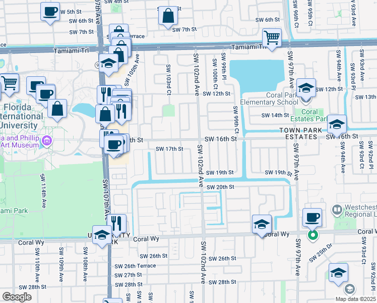 map of restaurants, bars, coffee shops, grocery stores, and more near 1704 Southwest 102nd Court in Miami