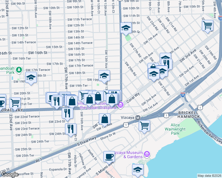 map of restaurants, bars, coffee shops, grocery stores, and more near 1257 Southwest 20th Street in Miami