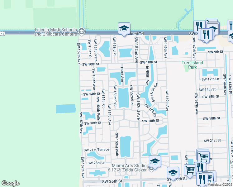 map of restaurants, bars, coffee shops, grocery stores, and more near 1421 Southwest 153rd Path in Miami