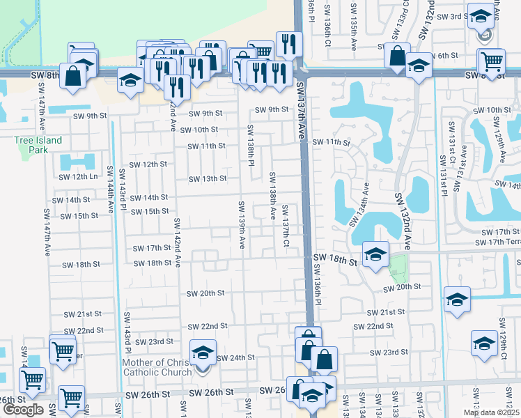 map of restaurants, bars, coffee shops, grocery stores, and more near 13832 Southwest 15th Street in Miami