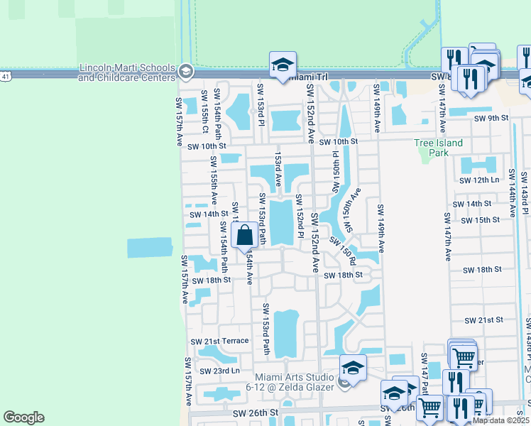 map of restaurants, bars, coffee shops, grocery stores, and more near 1421 Southwest 153rd Path in Miami