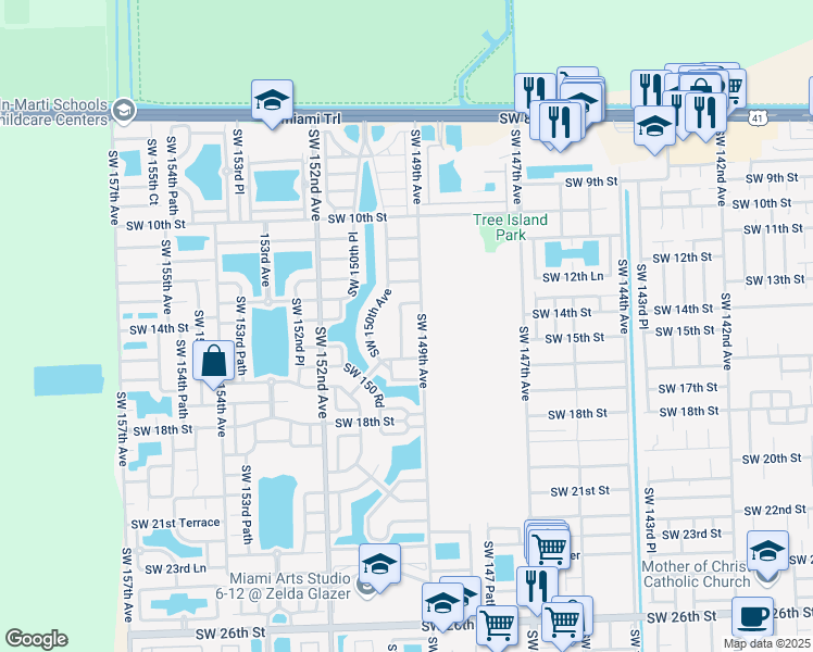 map of restaurants, bars, coffee shops, grocery stores, and more near 1431 Southwest 149th Place in Miami