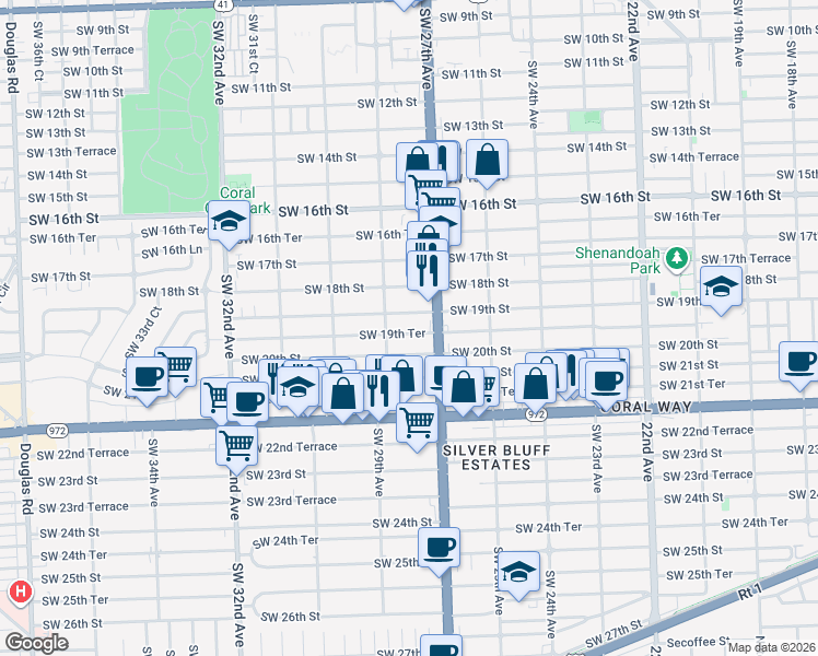map of restaurants, bars, coffee shops, grocery stores, and more near 2753 Southwest 19th Terrace in Miami
