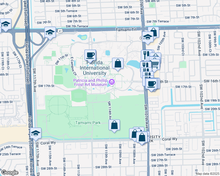 map of restaurants, bars, coffee shops, grocery stores, and more near 10975 Southwest 17th Street in Miami