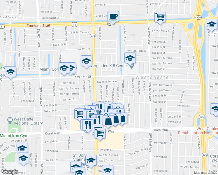 map of restaurants, bars, coffee shops, grocery stores, and more near 1721 Southwest 85th Court in Miami