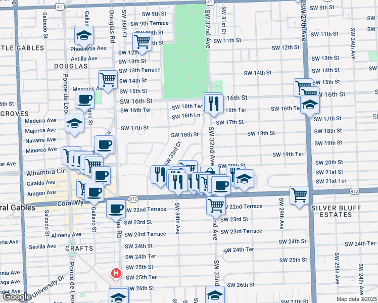 map of restaurants, bars, coffee shops, grocery stores, and more near 1921 Southwest 33rd Avenue in Miami