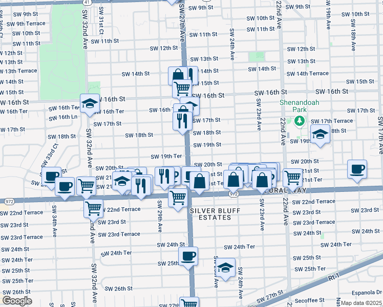 map of restaurants, bars, coffee shops, grocery stores, and more near 1933 Southwest 27th Avenue in Miami