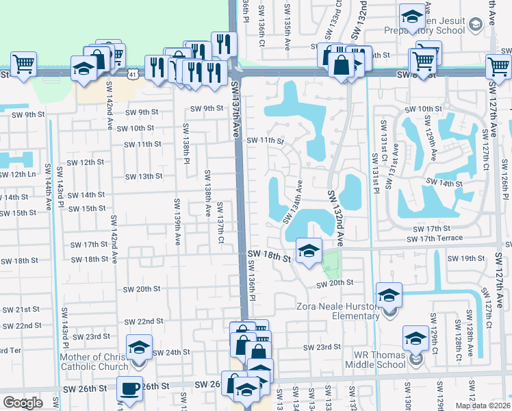map of restaurants, bars, coffee shops, grocery stores, and more near 1467 Southwest 136th Place in Miami