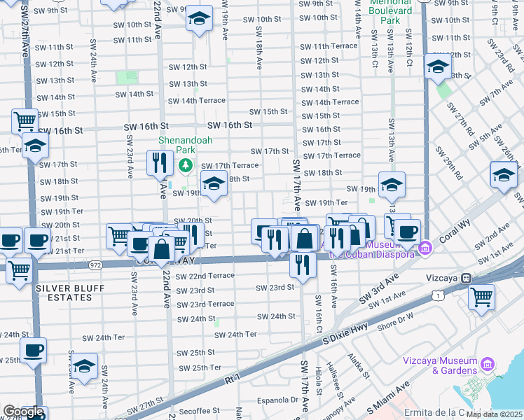 map of restaurants, bars, coffee shops, grocery stores, and more near 1951 Southwest 18th Avenue in Miami