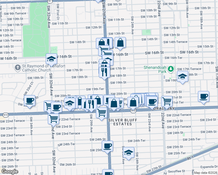 map of restaurants, bars, coffee shops, grocery stores, and more near 1933 Southwest 27th Avenue in Miami