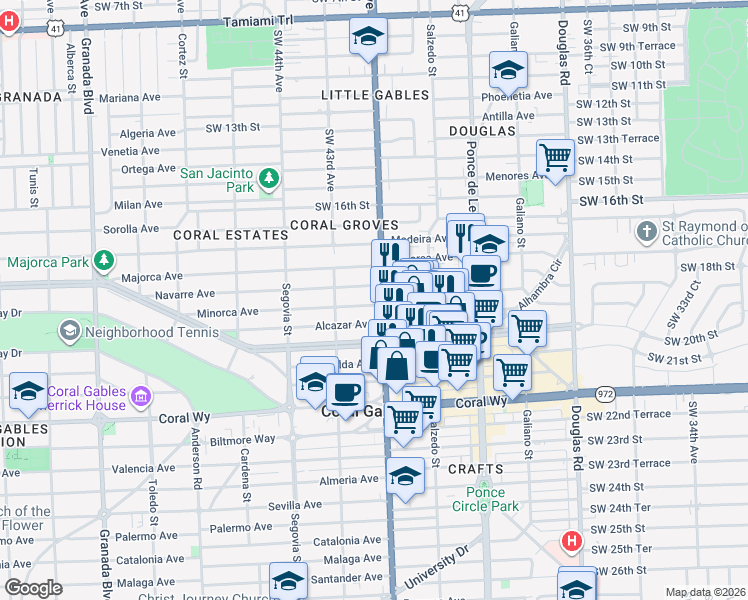 map of restaurants, bars, coffee shops, grocery stores, and more near 415 Minorca Avenue in Coral Gables