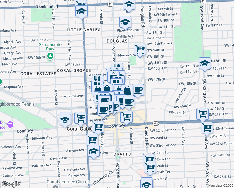 map of restaurants, bars, coffee shops, grocery stores, and more near 2109 Ponce De Leon Boulevard in Coral Gables