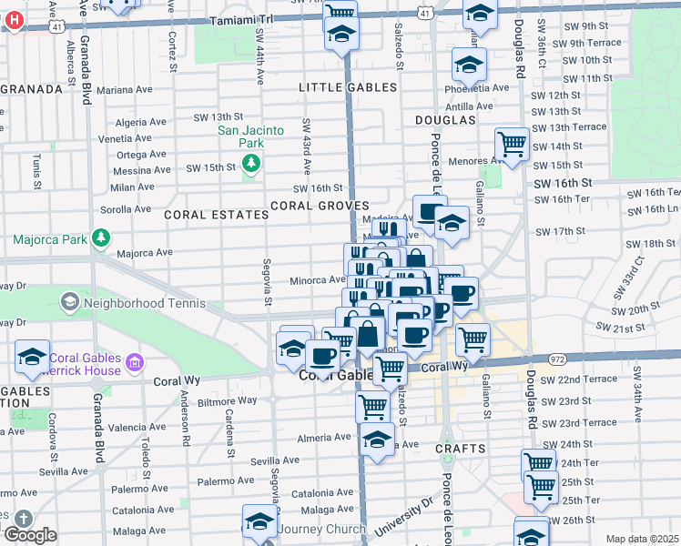 map of restaurants, bars, coffee shops, grocery stores, and more near 415 Minorca Avenue in Coral Gables