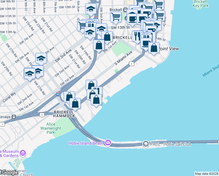 map of restaurants, bars, coffee shops, grocery stores, and more near 1915 Brickell Avenue in Miami