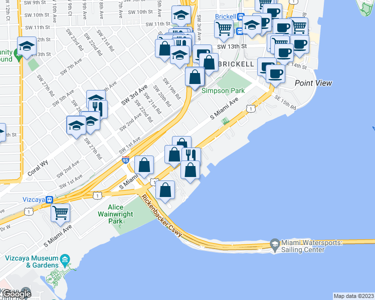 map of restaurants, bars, coffee shops, grocery stores, and more near 2135 South Miami Avenue in Miami