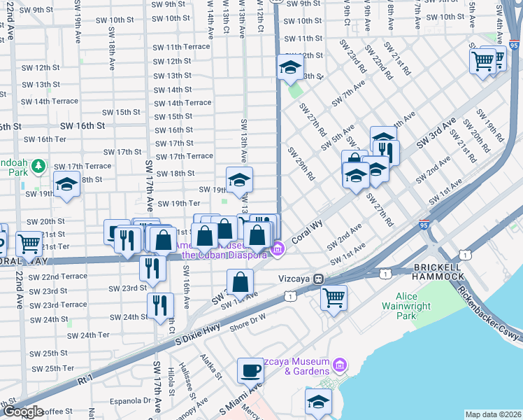 map of restaurants, bars, coffee shops, grocery stores, and more near 1257 Southwest 20th Street in Miami