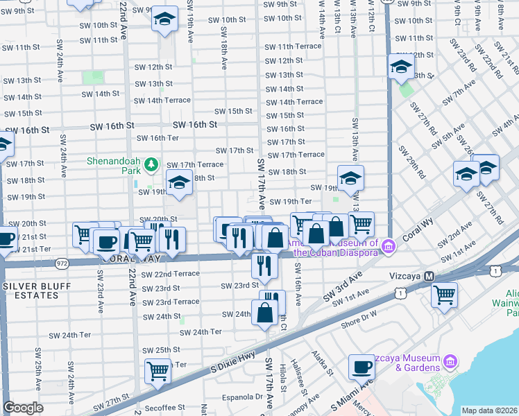 map of restaurants, bars, coffee shops, grocery stores, and more near 1910 Southwest 17th Avenue in Miami