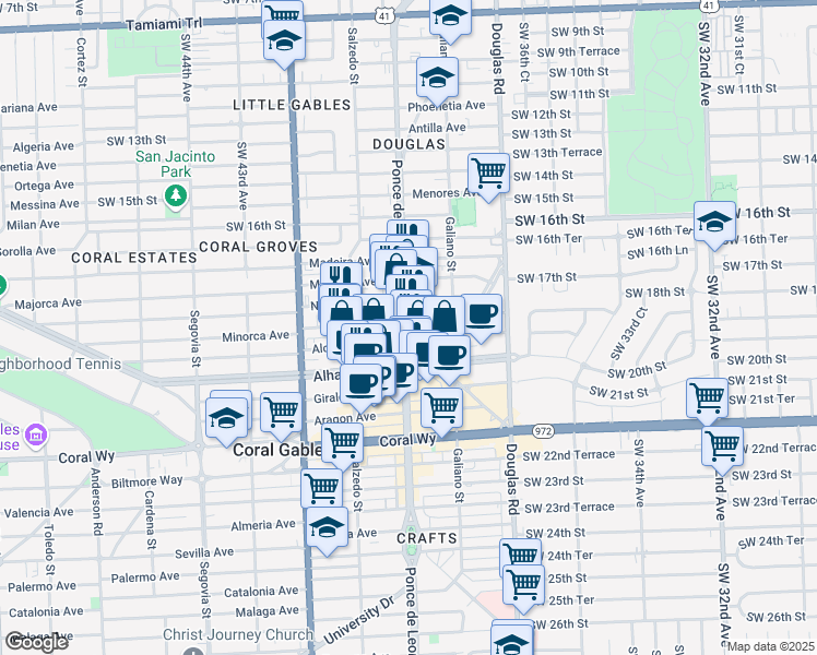 map of restaurants, bars, coffee shops, grocery stores, and more near 200 Minorca Avenue in Coral Gables